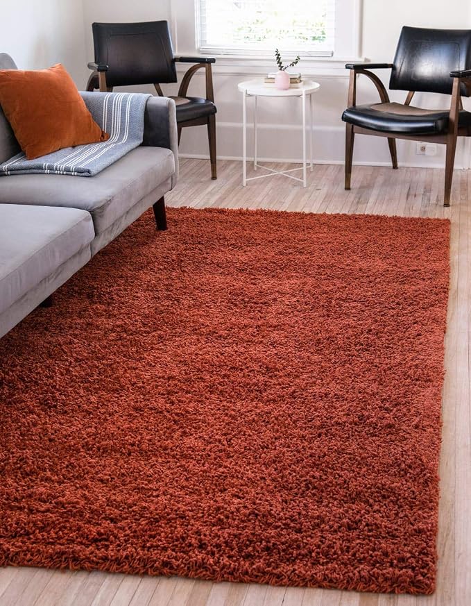 Terracotta shag rug refreshing a living room without renovation