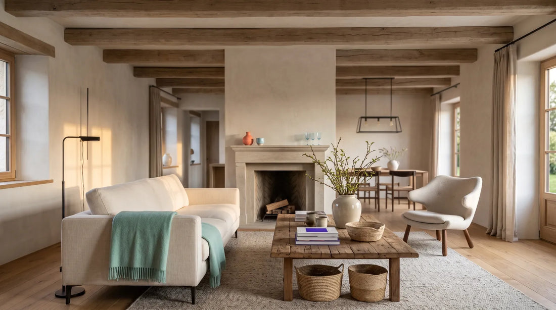 Living room blending modern furniture with rustic wood and natural textures