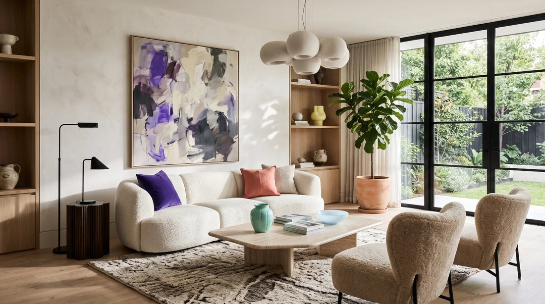 Modern living room styled with 2026 home décor trends including warm tones and curved furniture